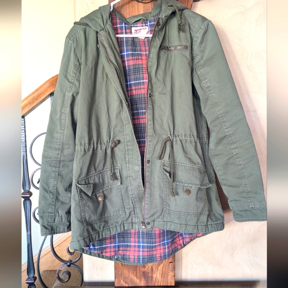 Army Green Hooded Jacket with Plaid Lining